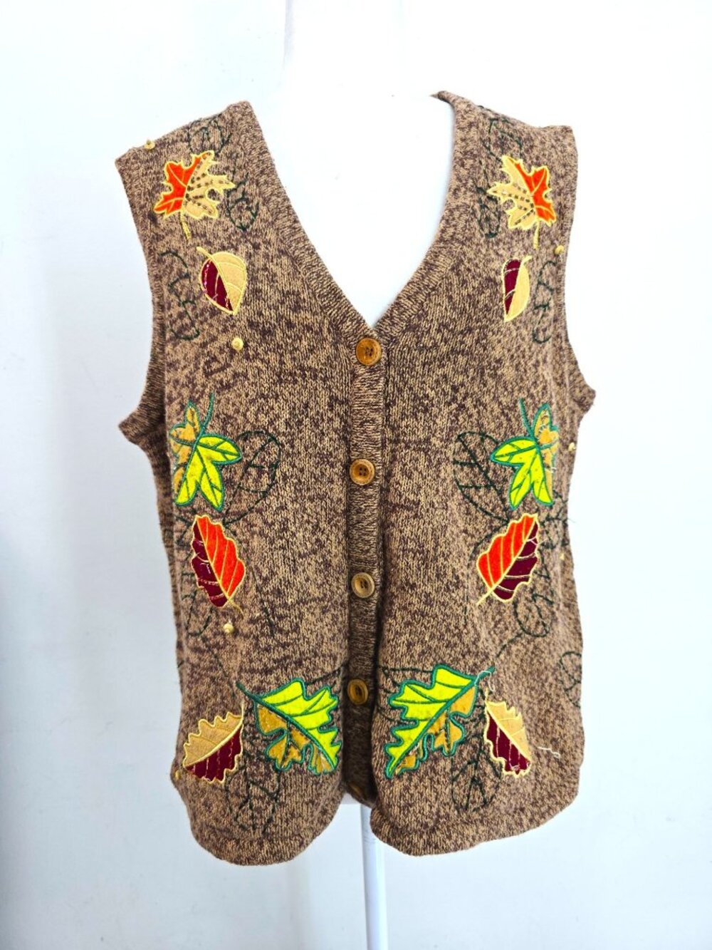 Vintage Basic Editions Brown Fall Leaves Patch Knit Sweater Vest Women Size XXL
